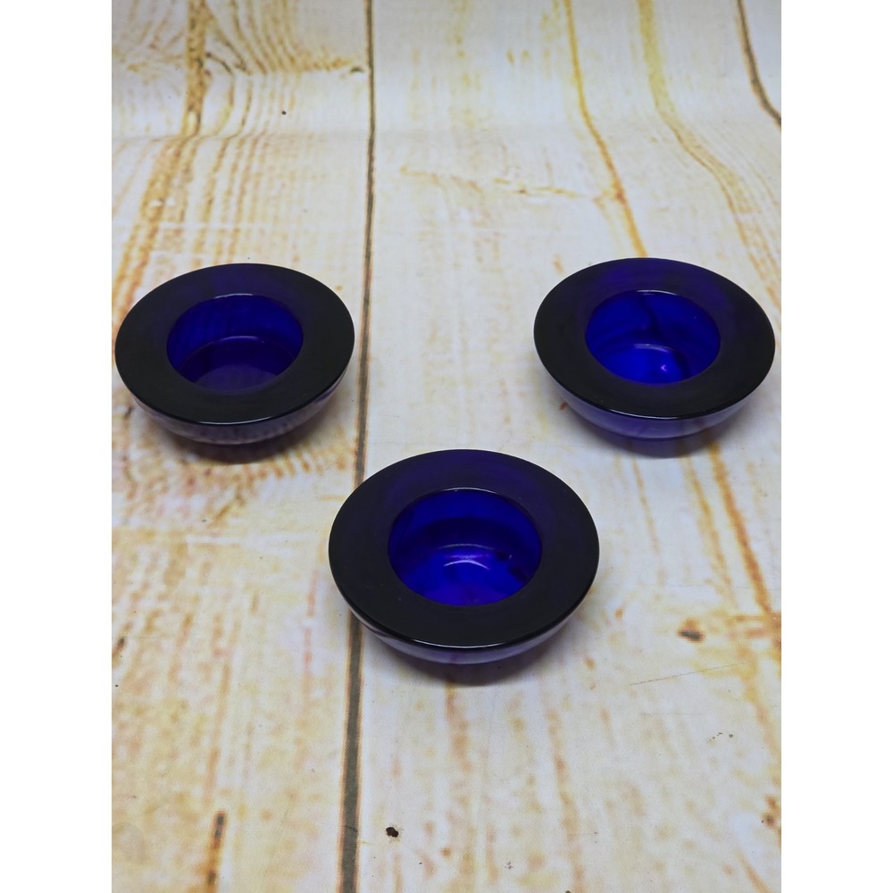Cobalt Blue Scandinavian Art Glass Votive Candle Holders Lot of 3 Heavy Round